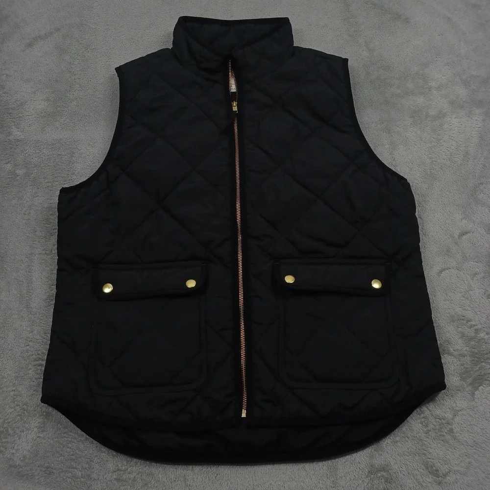 J Crew Vest Womens Large Black‎ Quilted Pockets Full Zip Casual Preppy